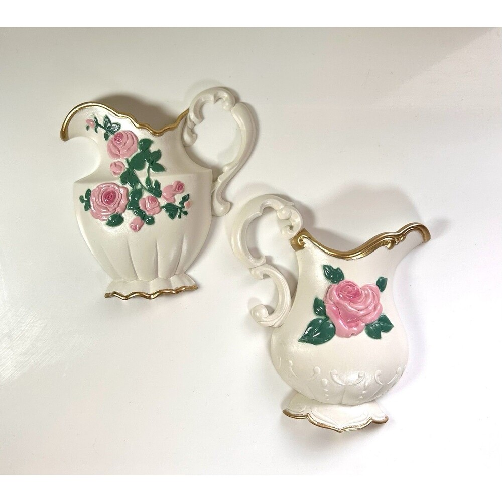 Vintage Home Interior Pink Rose Pitcher Wall Hanging Pockets With Gold Trim